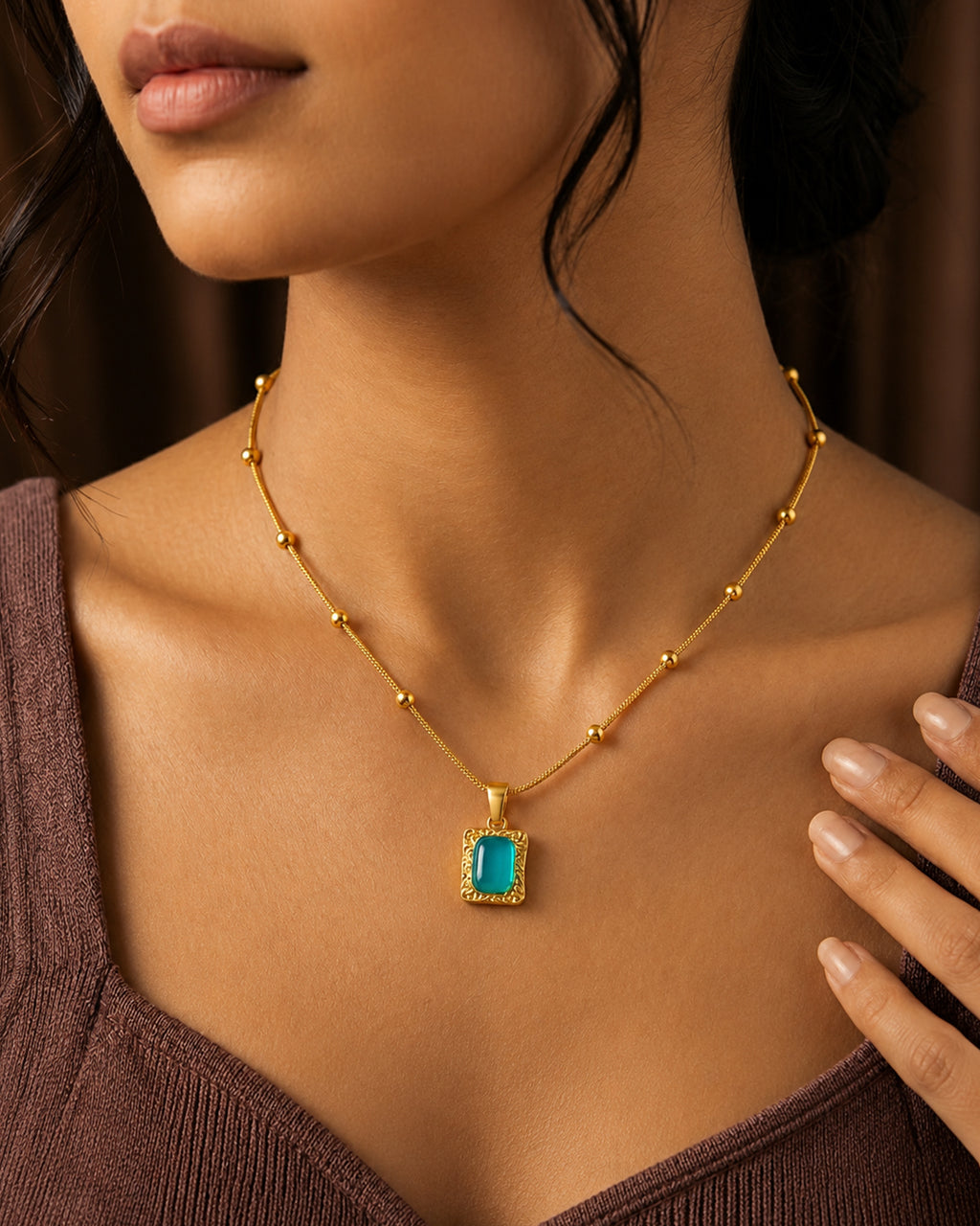 Turquoise Cat's Eye Rectangle Pendant Necklace