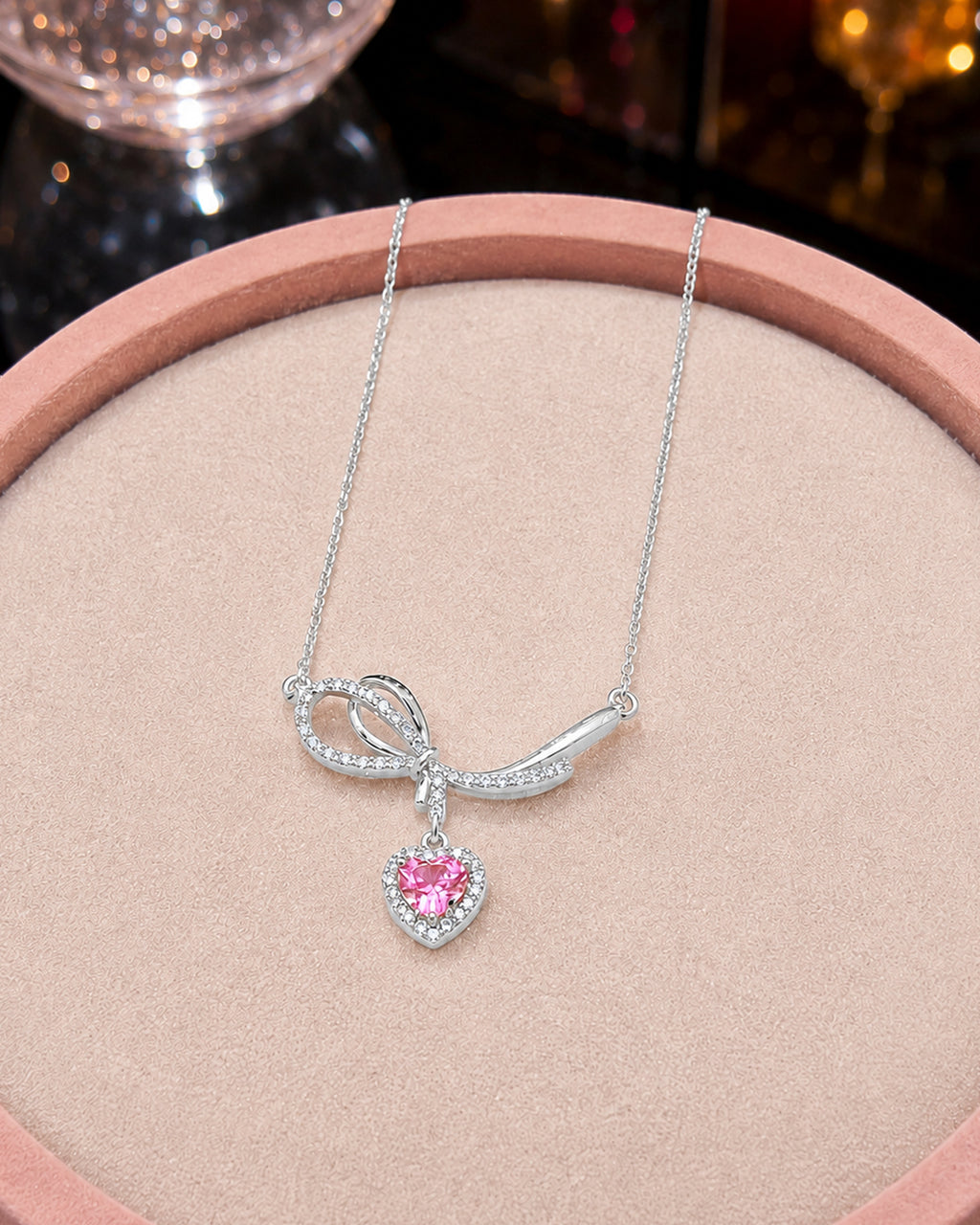 Silver Pink Heart Bow Pendant Necklace