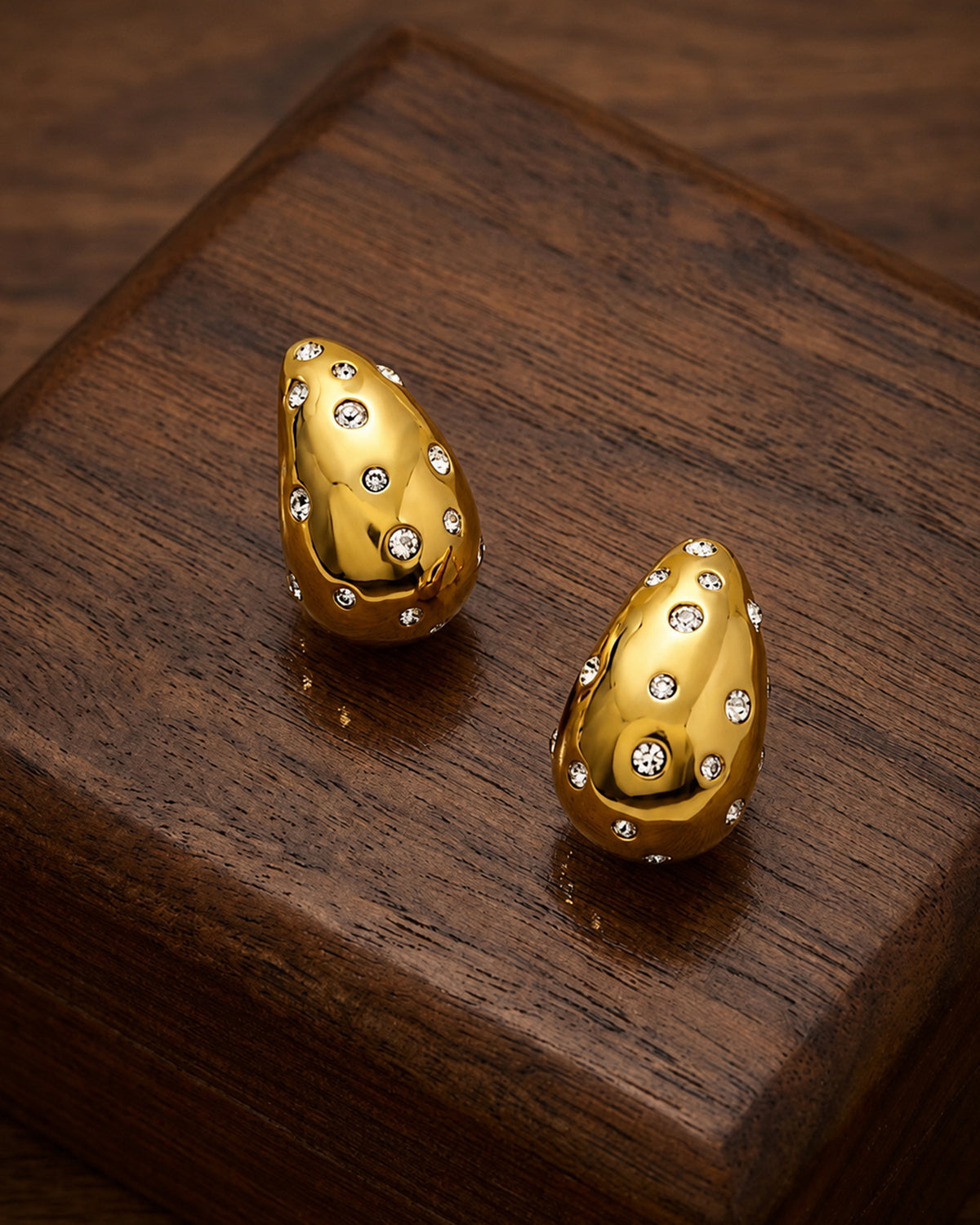 Crystal Studded Gold Teardrop Stud Earrings