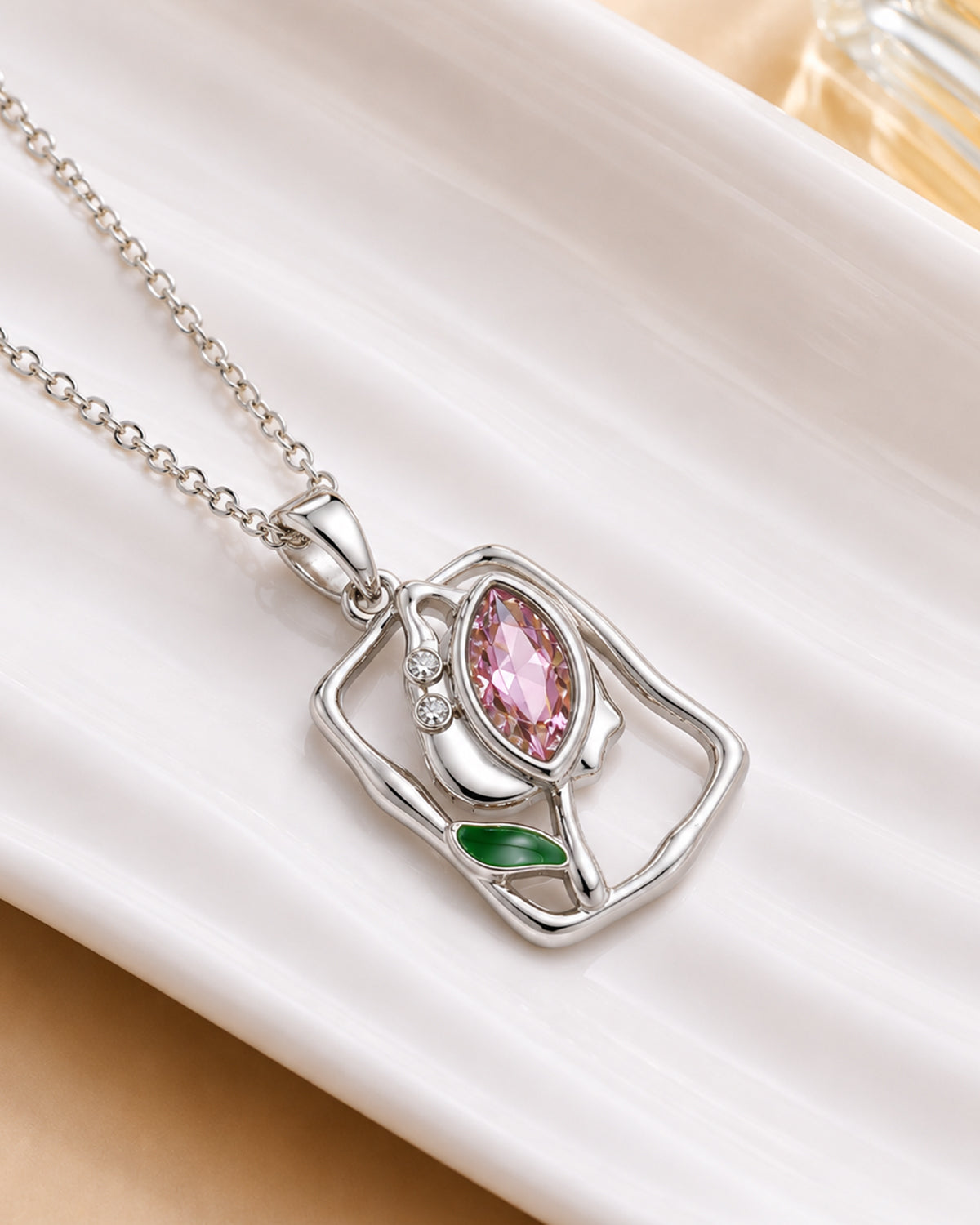 Abstract Pink Floral Frame Pendant Necklace – Silver Finish