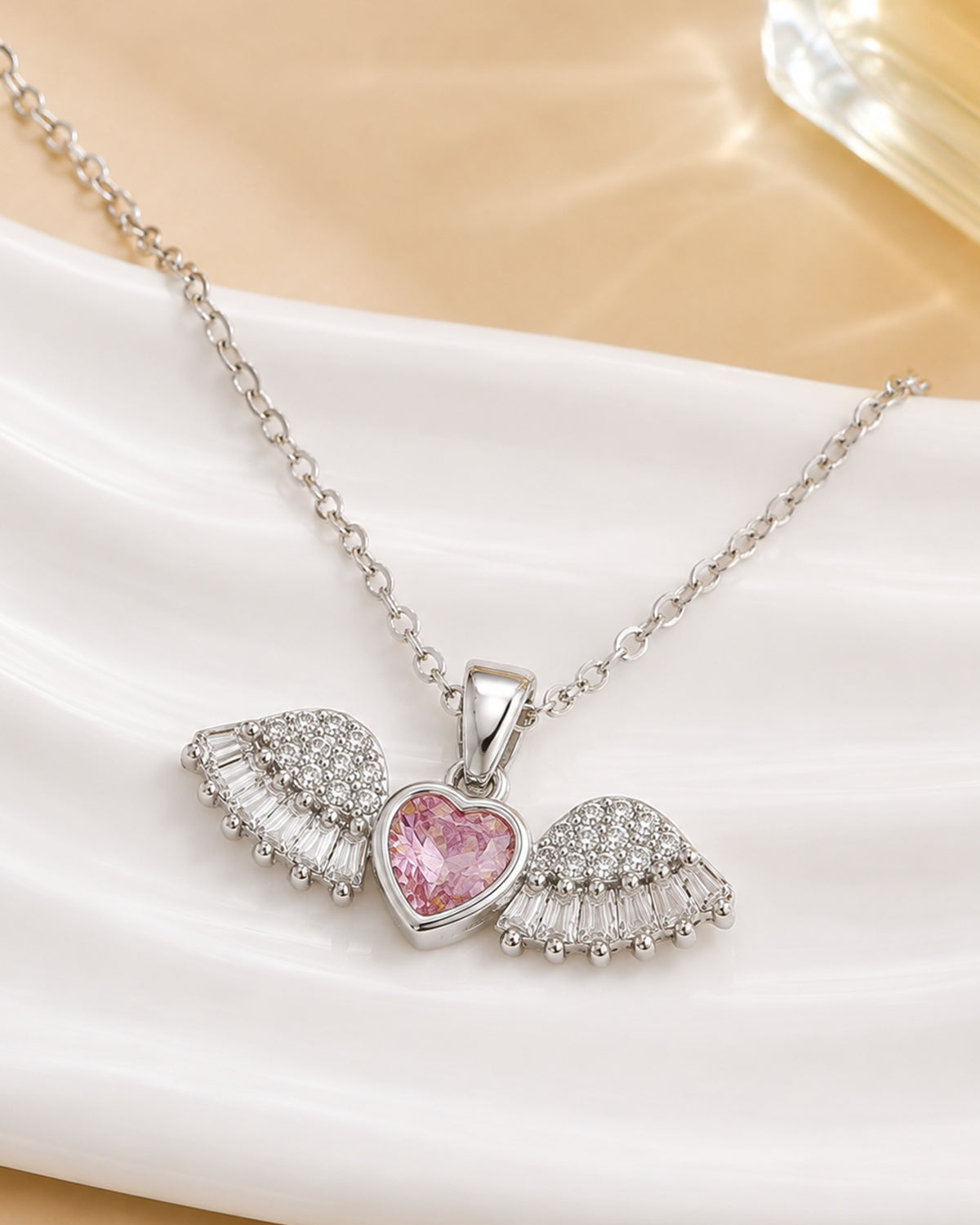 Angel Wings Heart Pendant Necklace – Silver Finish