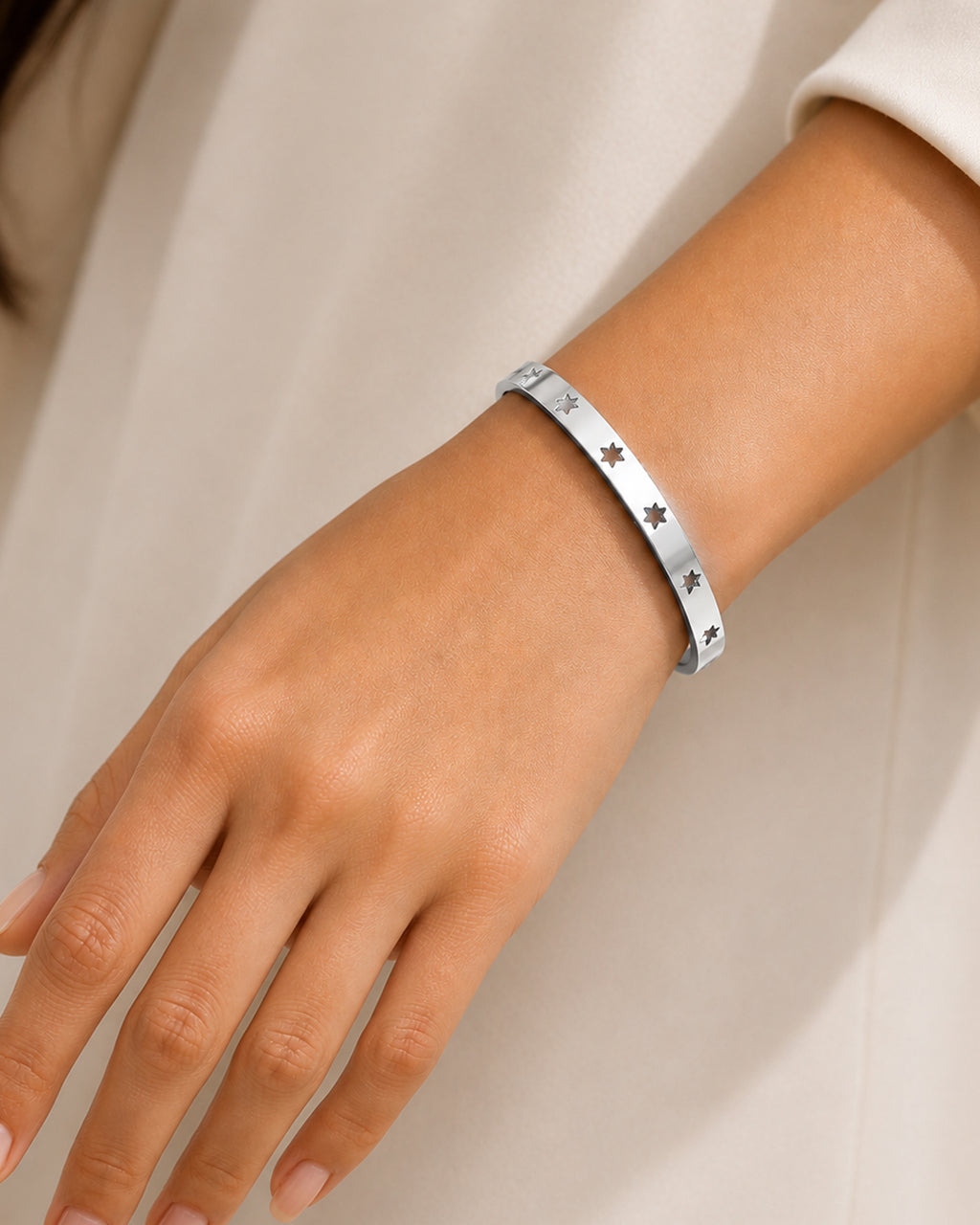 Silver Star Engraved Minimalist Cuff Bangle Bracelet