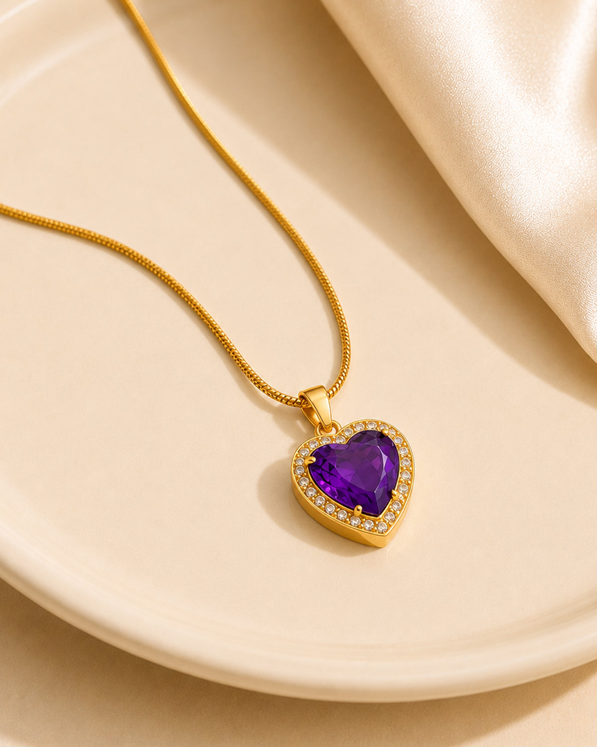 Heart Halo Pendant Necklace with Purple Centre Stone