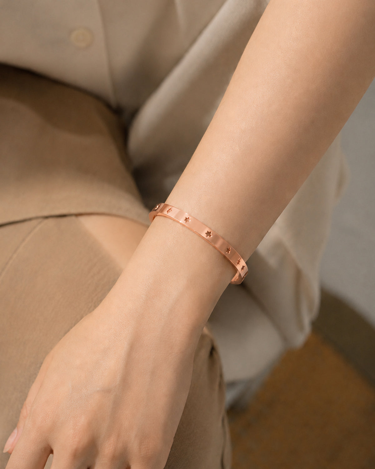 Rose Gold Star Engraved Cuff Bangle Bracelet