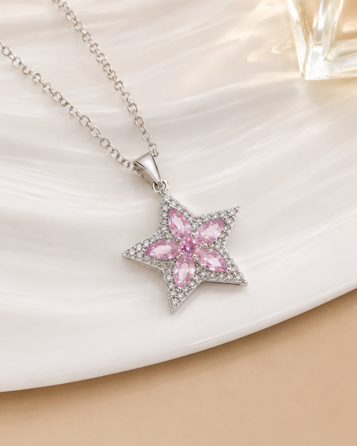 Pink Crystal Star Pendant Necklace – Silver Finish