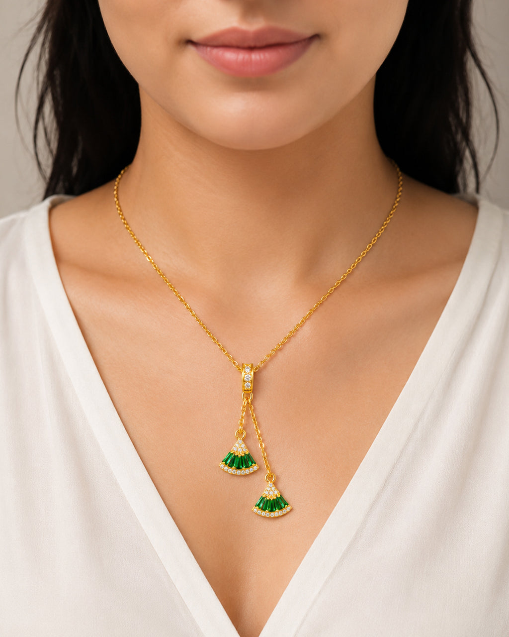 Emerald Fan Drop Pendant Necklace