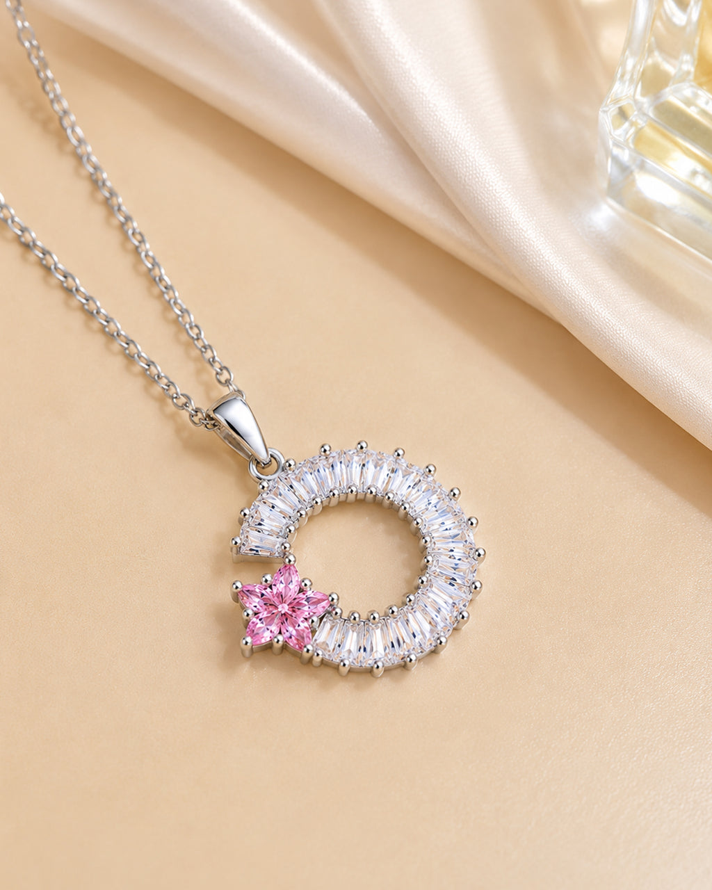 Pink Floral Halo Circle Pendant Necklace – Silver Finish