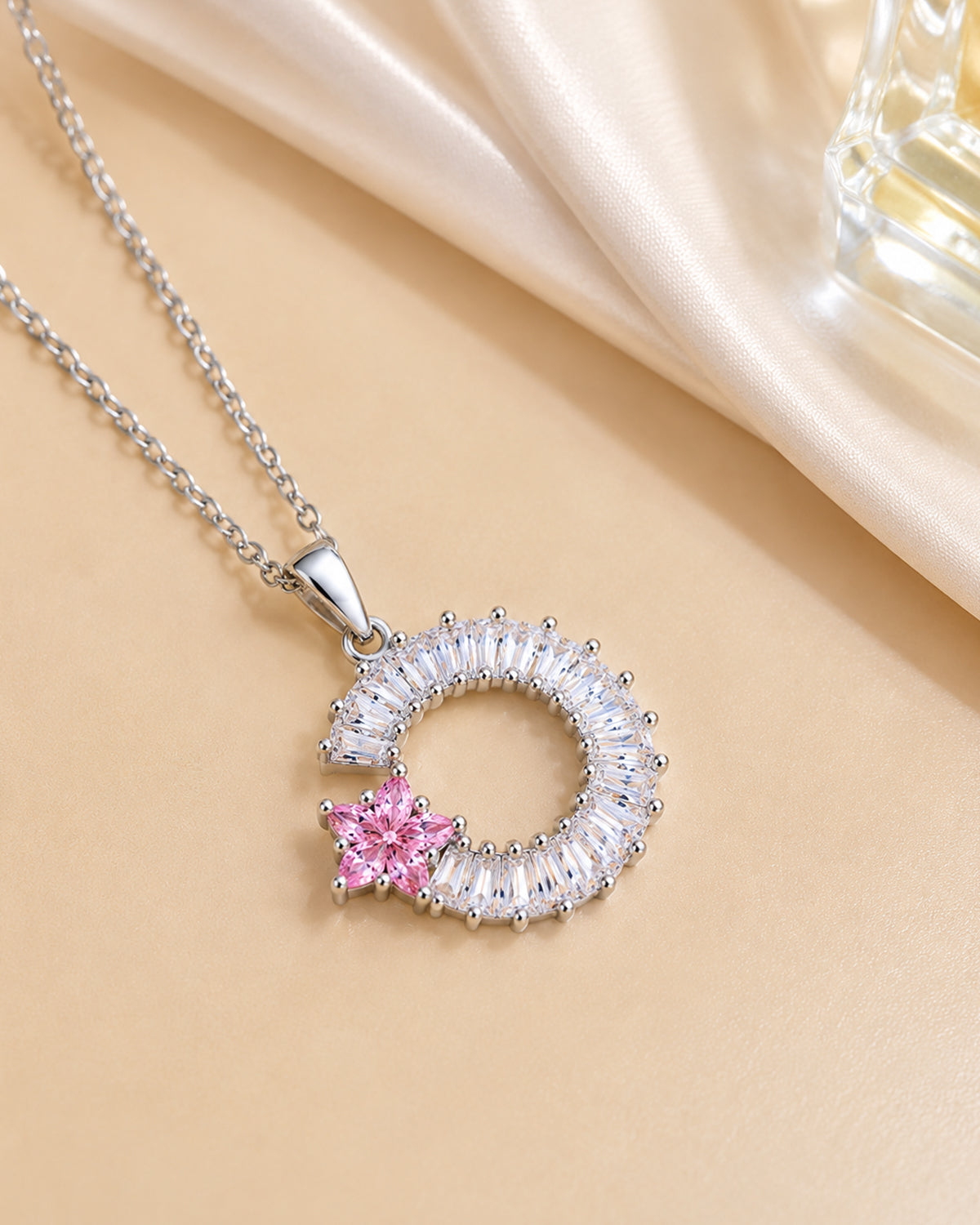 Pink Floral Halo Circle Pendant Necklace – Silver Finish