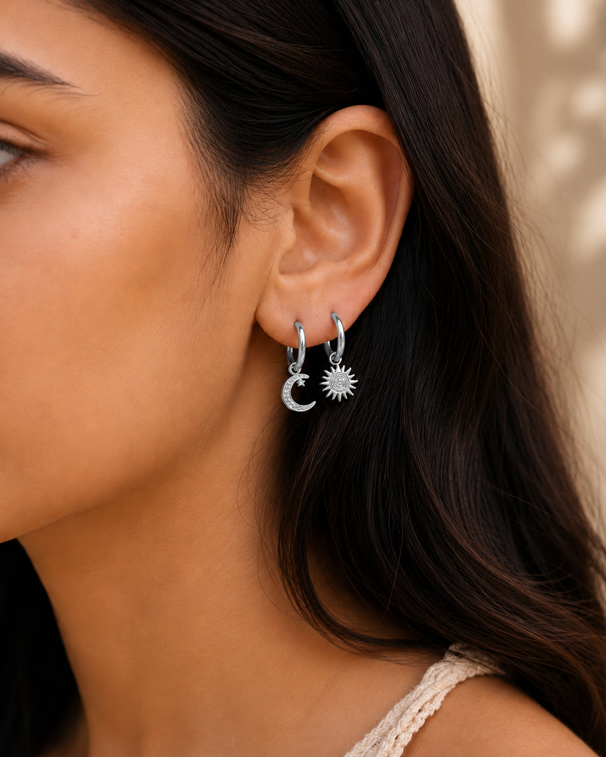 Silver Sun & Moon Charm Hoop Earrings