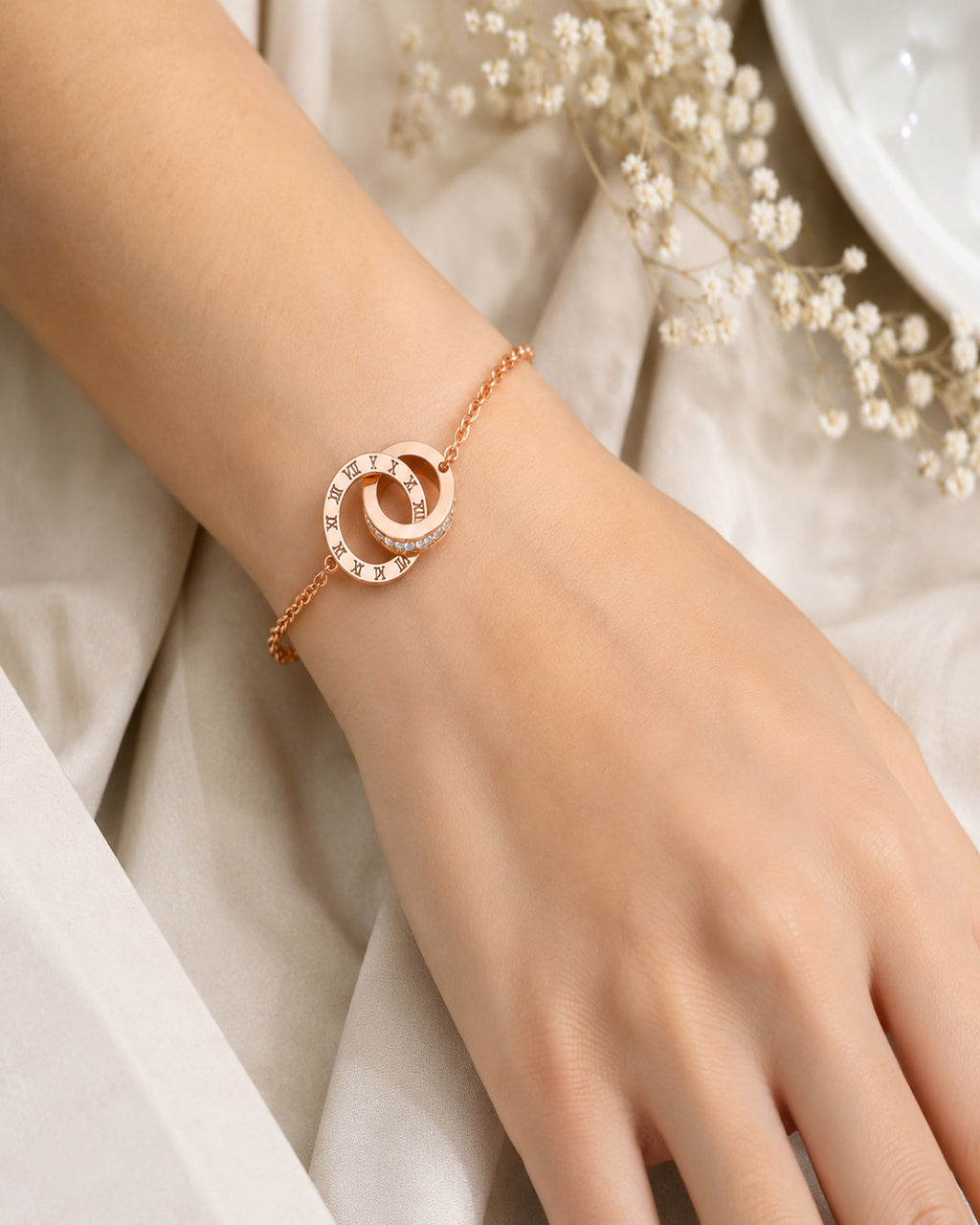 Rose Gold Roman Numeral Double Circle Bracelet