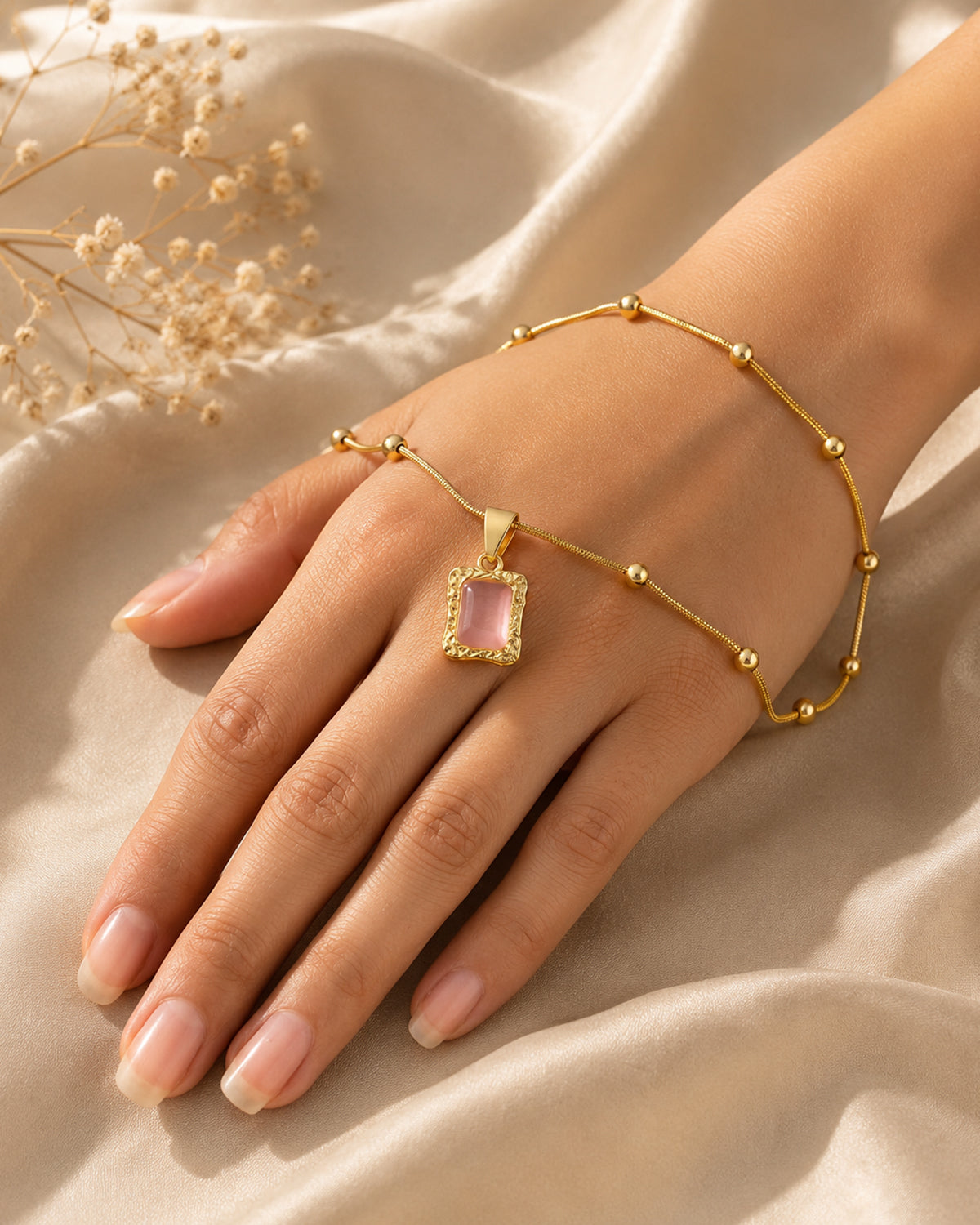 Pink Cat's Eye Rectangle Pendant Necklace