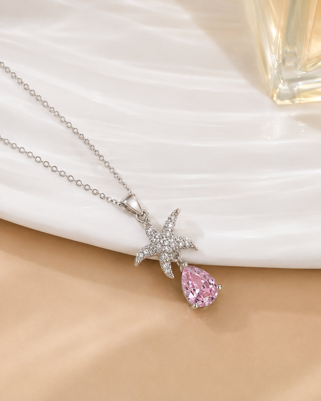 Pink Crystal Starfish Drop Pendant Necklace – Silver Finish