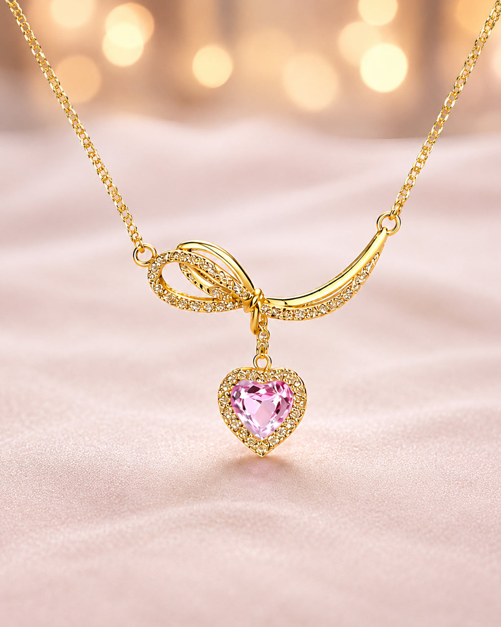 Pink Heart Bow Pendant Necklace