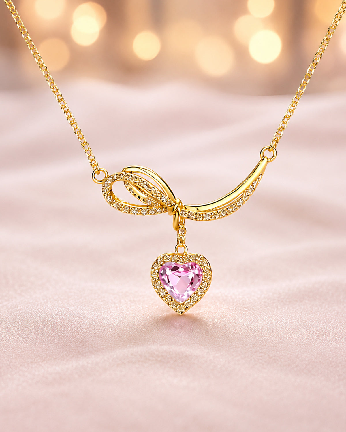Pink Heart Bow Pendant Necklace