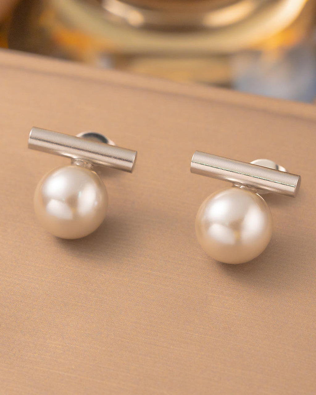 Minimal Pearl Bar Stud Earrings – Silver Finish