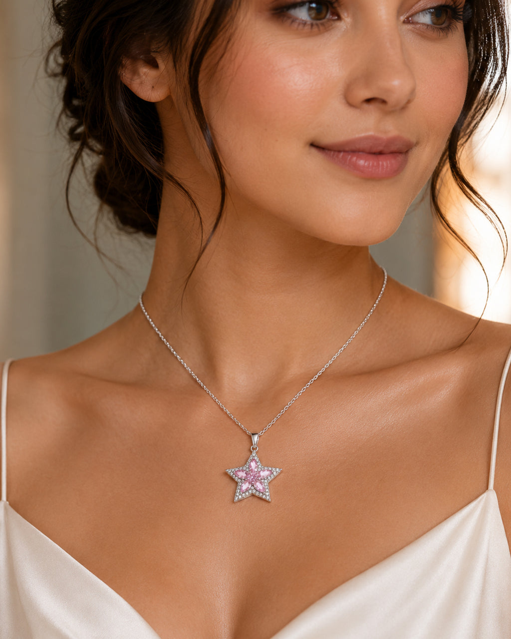 Pink Crystal Star Pendant Necklace – Silver Finish