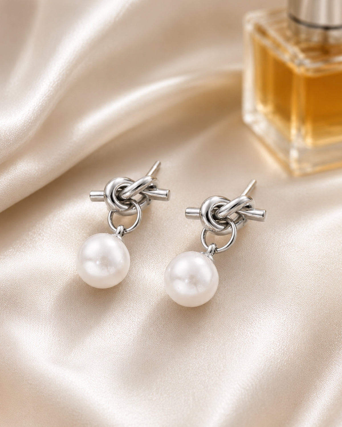 Silver Knot Pearl Drop Stud Earrings