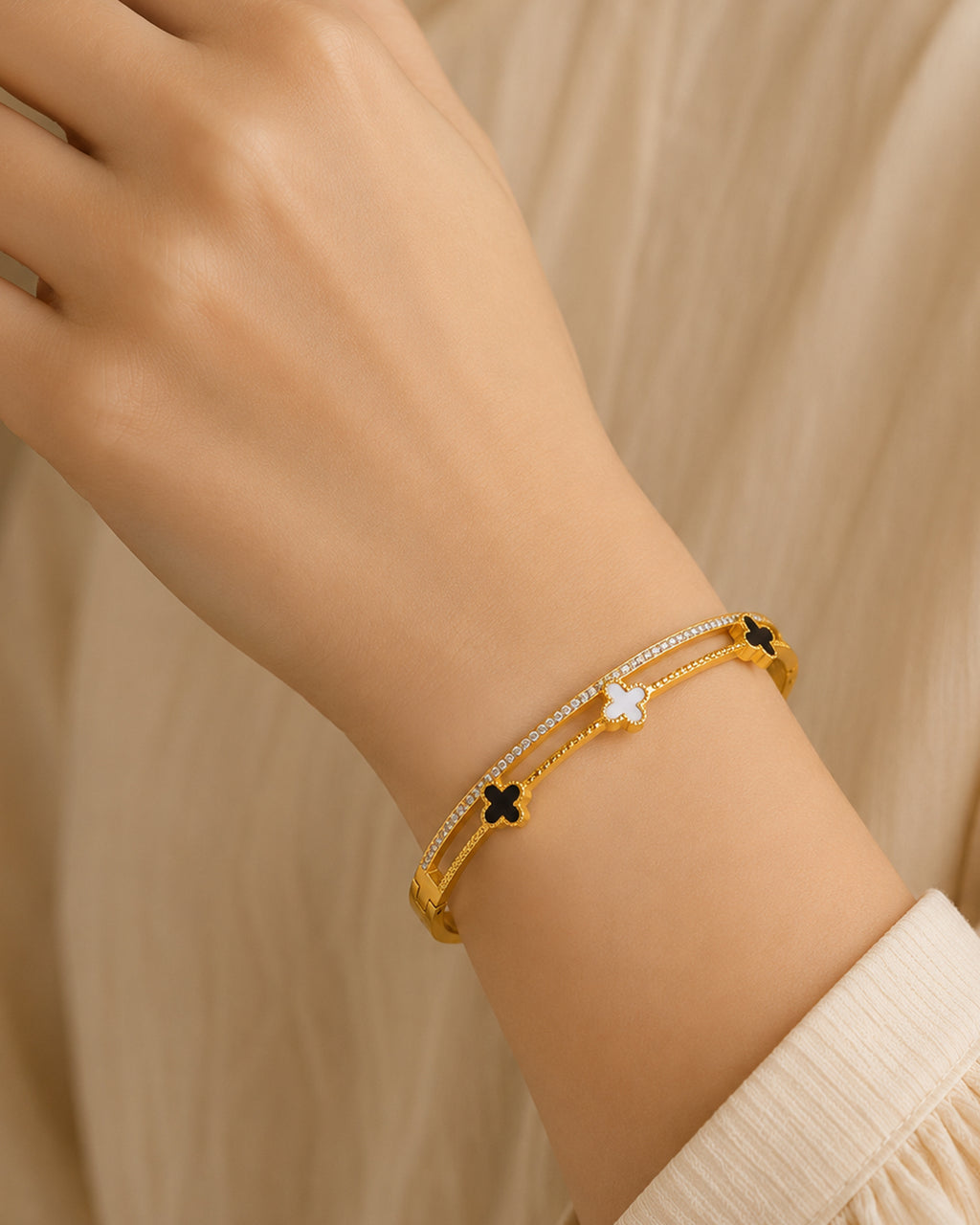 Gold Clover Cuff Bracelet with Crystal Accents
