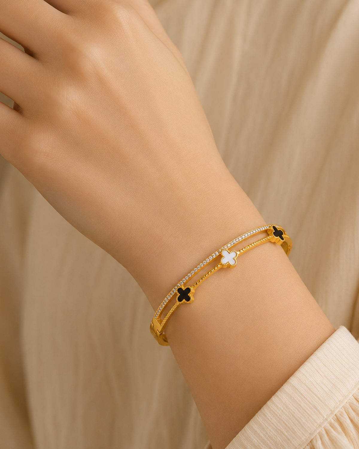 Gold Clover Cuff Bracelet with Crystal Accents