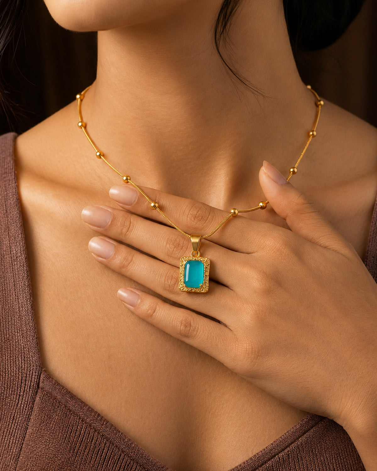 Turquoise Cat's Eye Rectangle Pendant Necklace