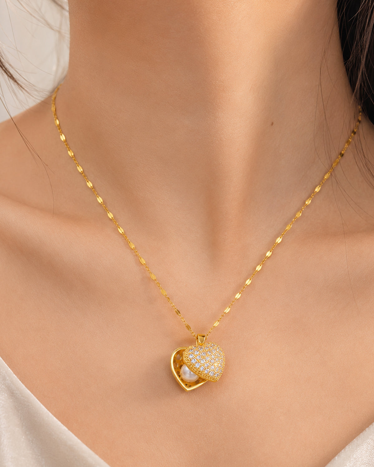 Heart Locket Pendant Necklace with Hidden Pearl Detail