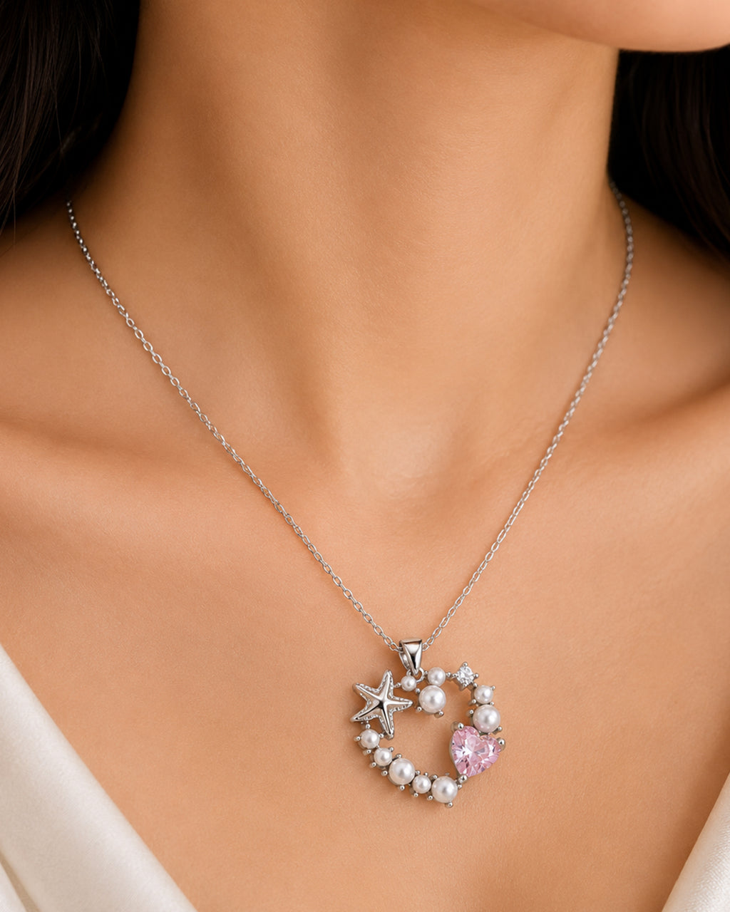 Ocean Pearl Heart Pendant Necklace – Silver Finish