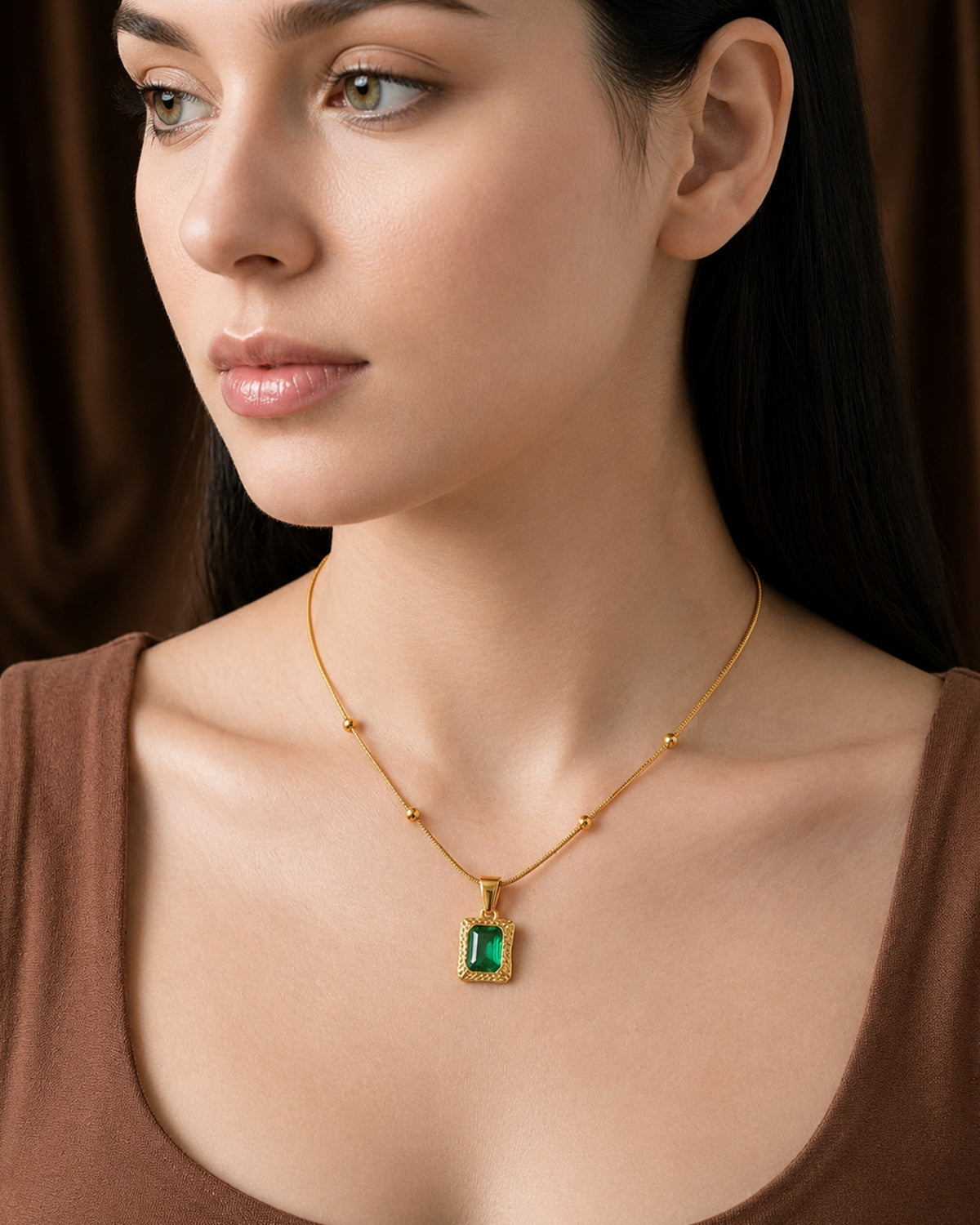 Emerald-Cut Green Pendant Beaded Necklace