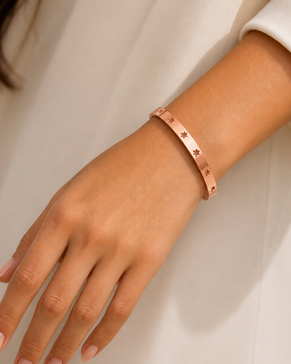 Rose Gold Star Engraved Cuff Bangle Bracelet