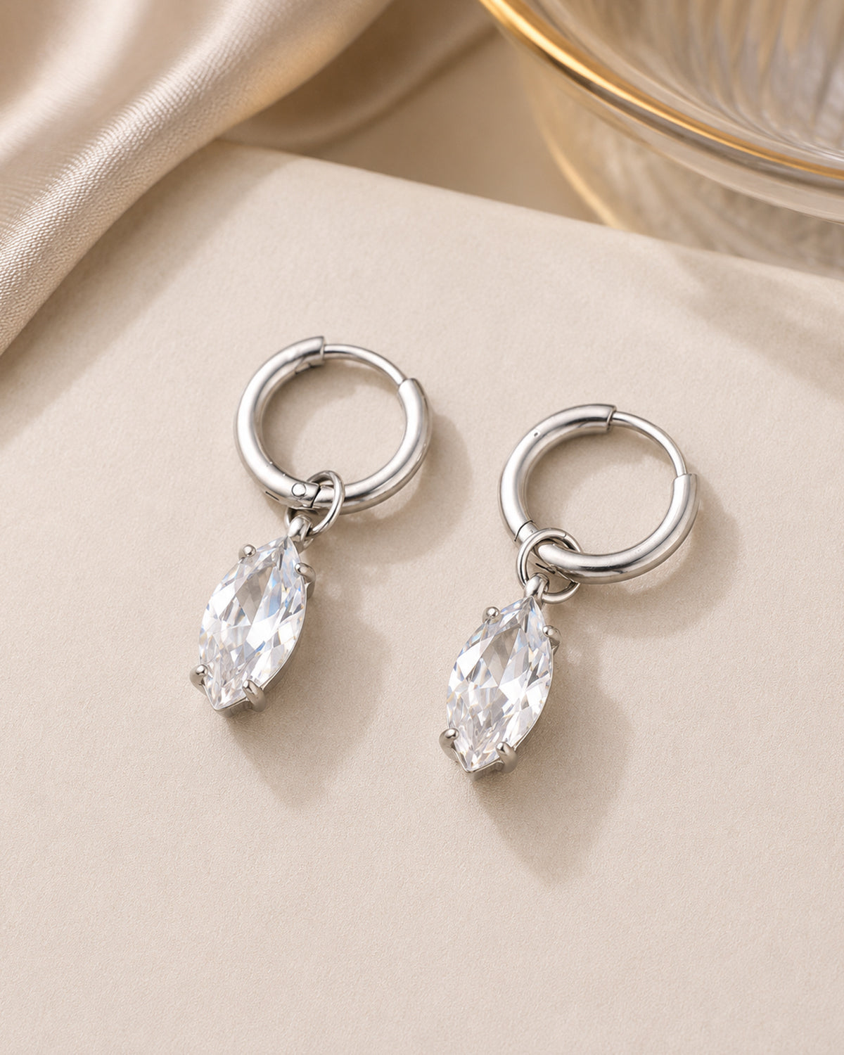 Silver Marquise Crystal Drop Hoop Earrings