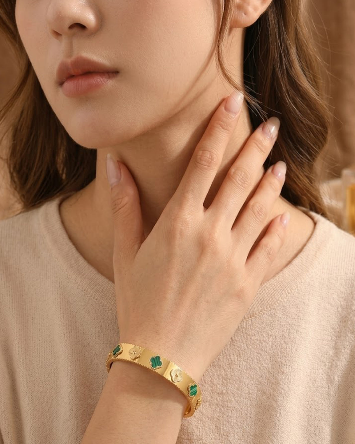 Green Clover Gold Plated Cuff Bracelet
