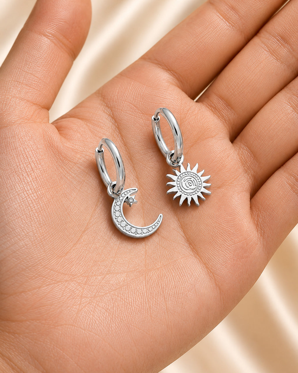 Silver Sun & Moon Charm Hoop Earrings