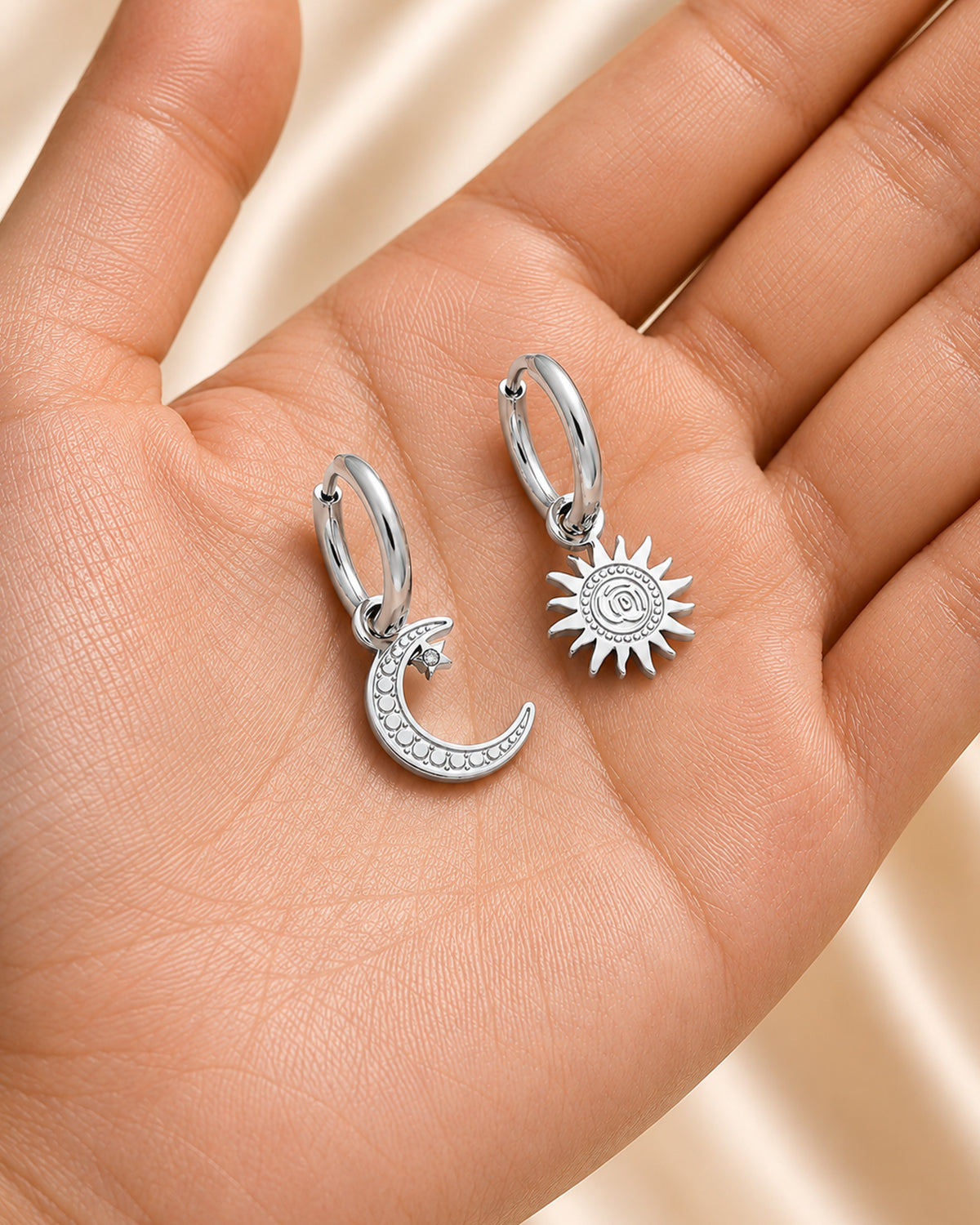 Silver Sun & Moon Charm Hoop Earrings
