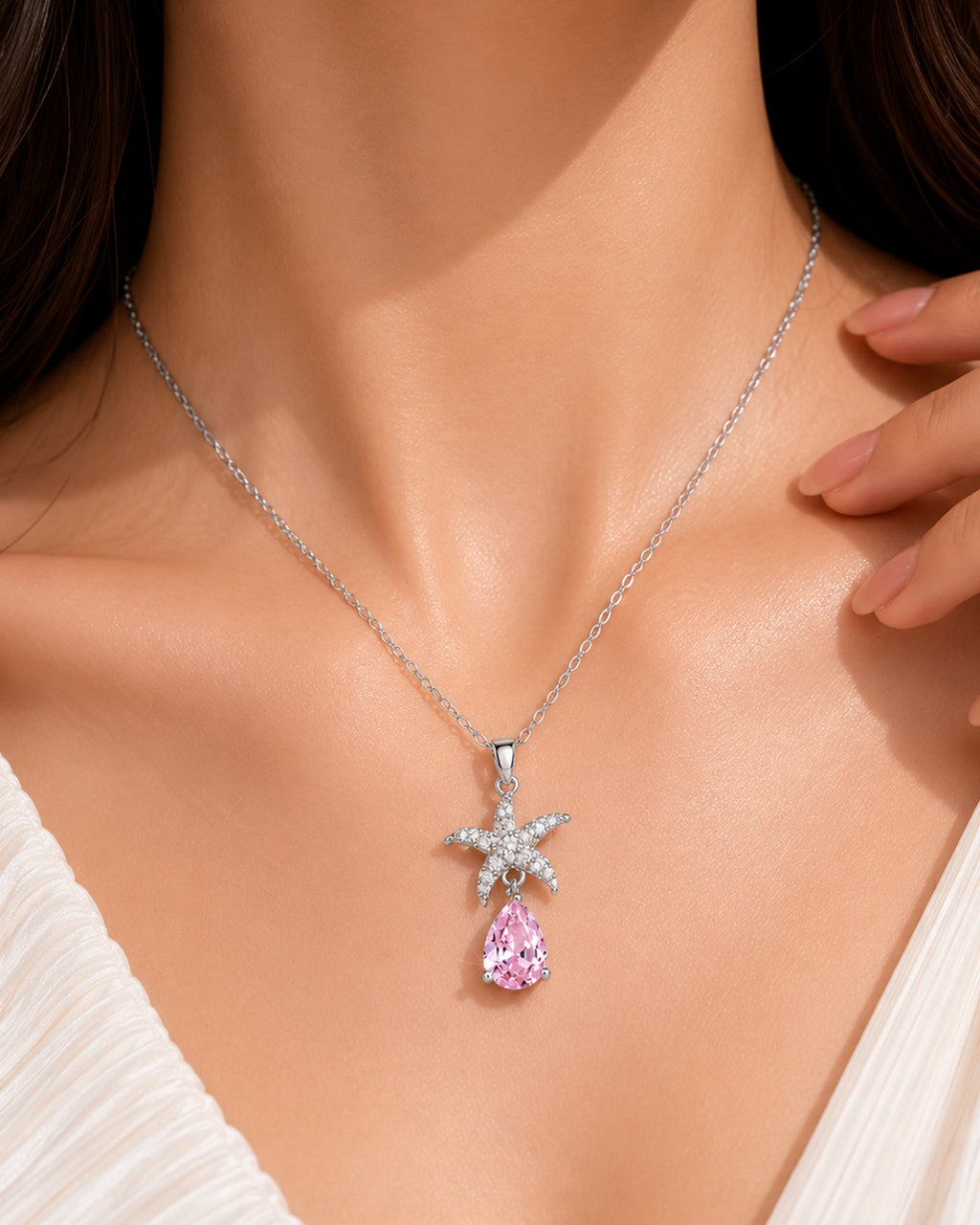 Pink Crystal Starfish Drop Pendant Necklace – Silver Finish
