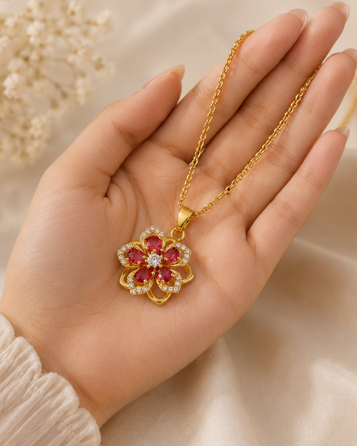Ruby Bloom Floral Pendant Necklace
