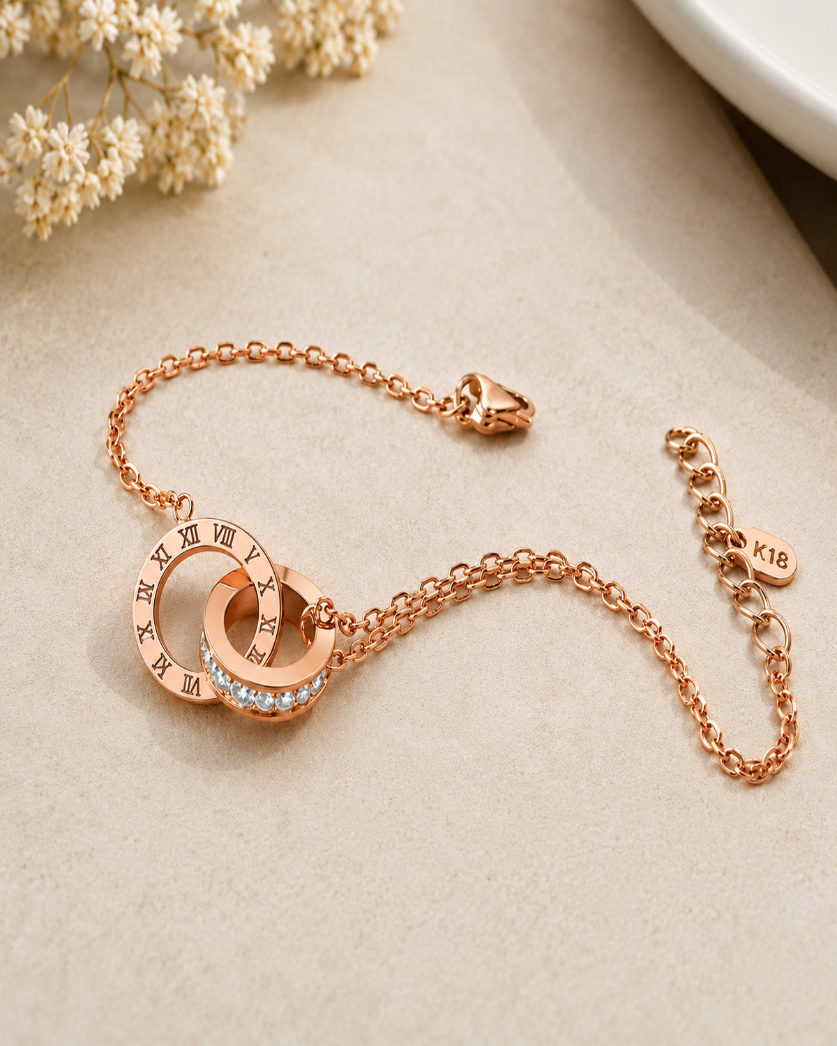 Rose Gold Roman Numeral Double Circle Bracelet