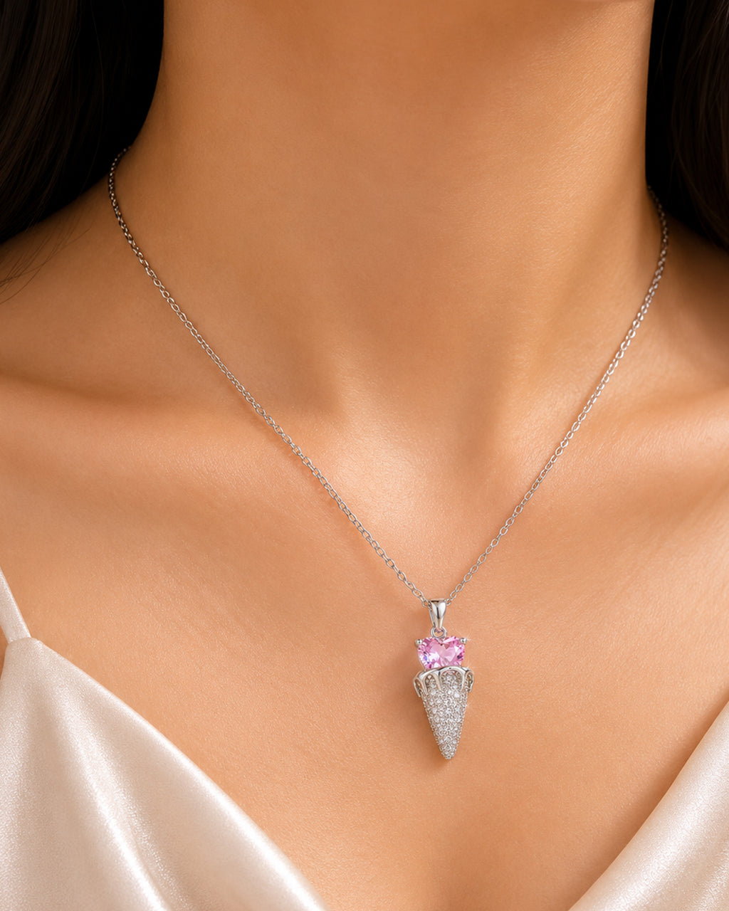 Pink Heart Ice Cream Cone Pendant Necklace – Silver Finish
