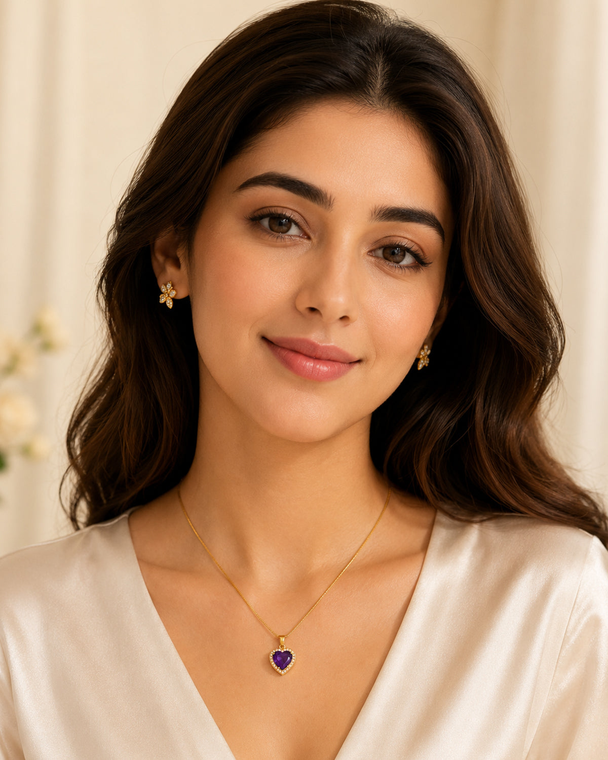 Heart Halo Pendant Necklace with Purple Centre Stone