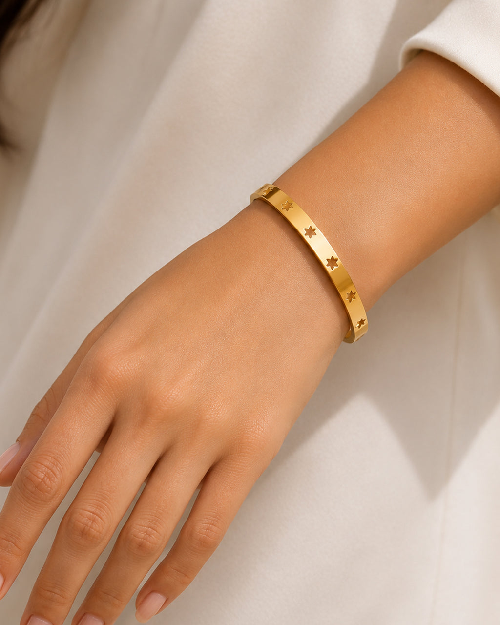 Gold Star Engraved Cuff Bangle Bracelet