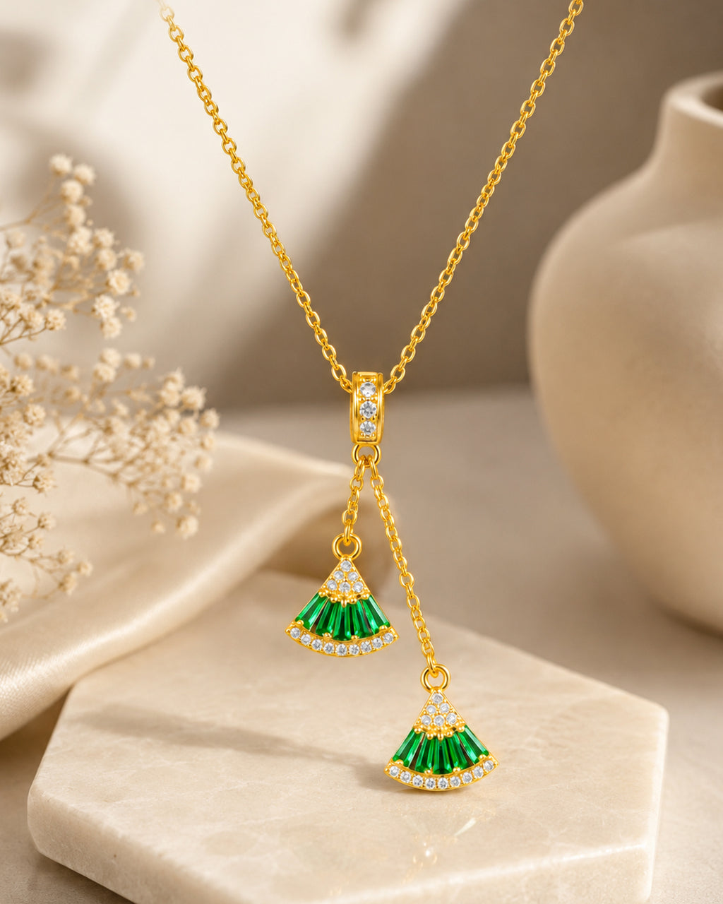 Emerald Fan Drop Pendant Necklace