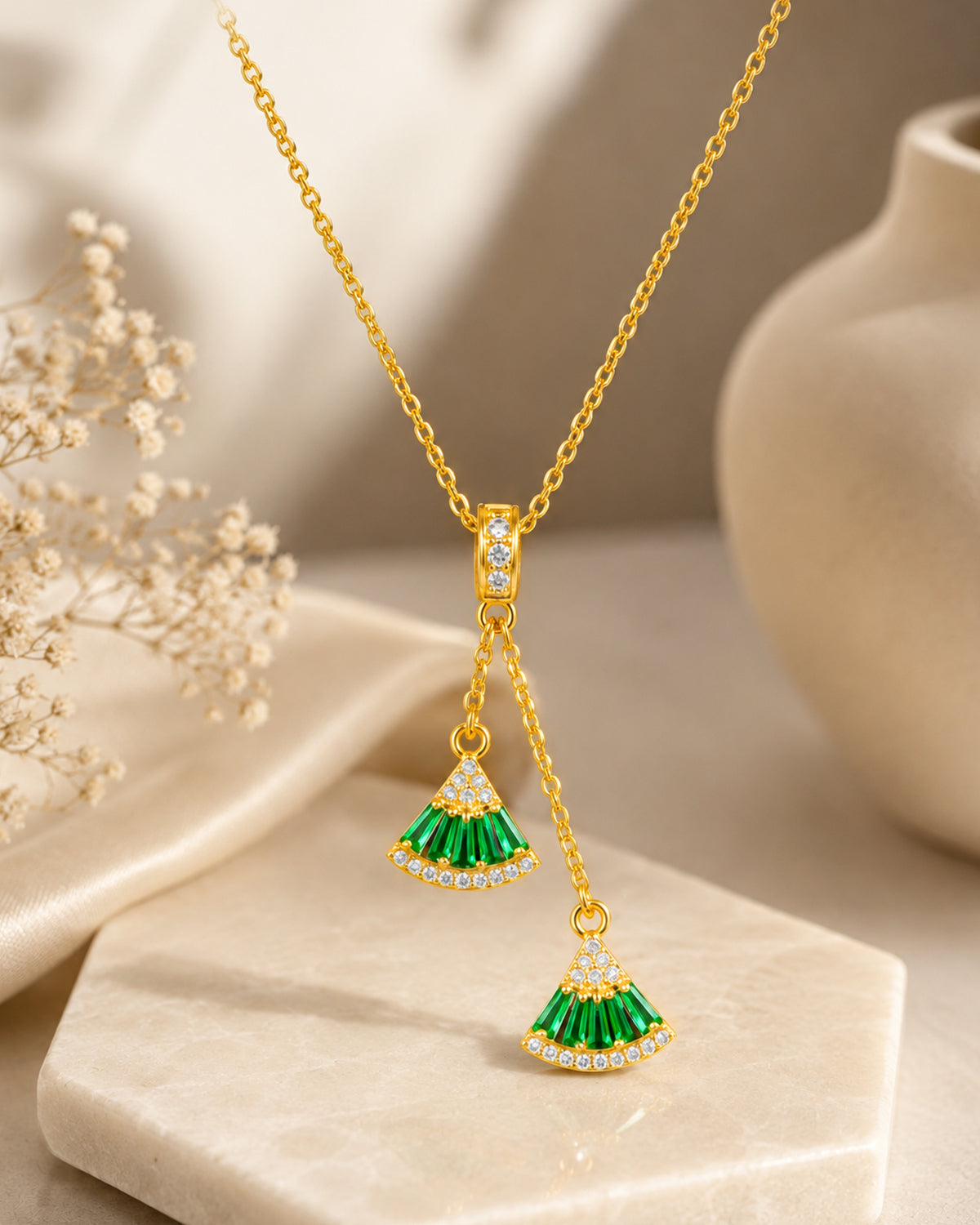 Emerald Fan Drop Pendant Necklace
