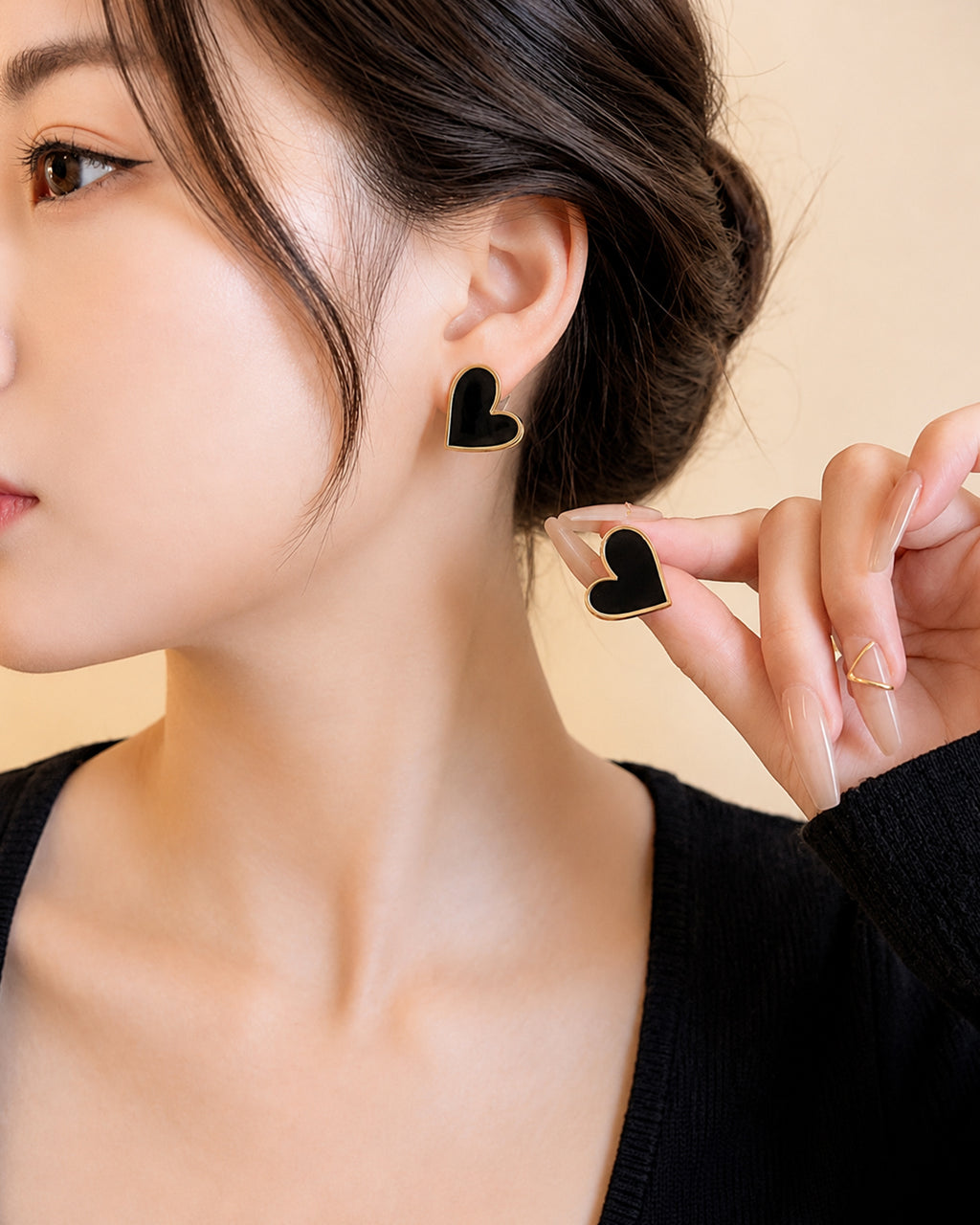 Black Heart Gold Stud Earrings