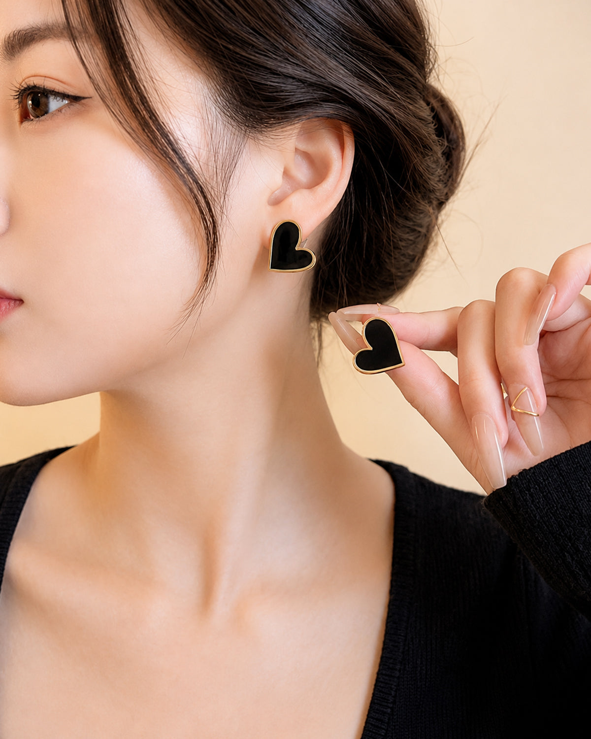 Black Heart Gold Stud Earrings