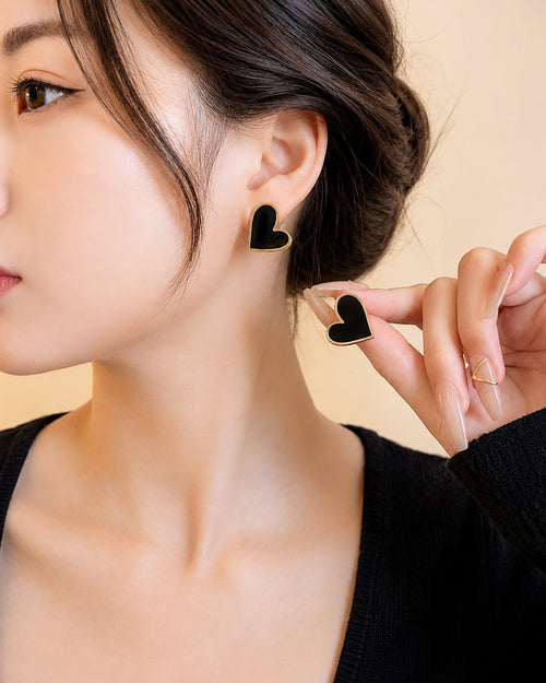 Black Heart Gold Stud Earrings
