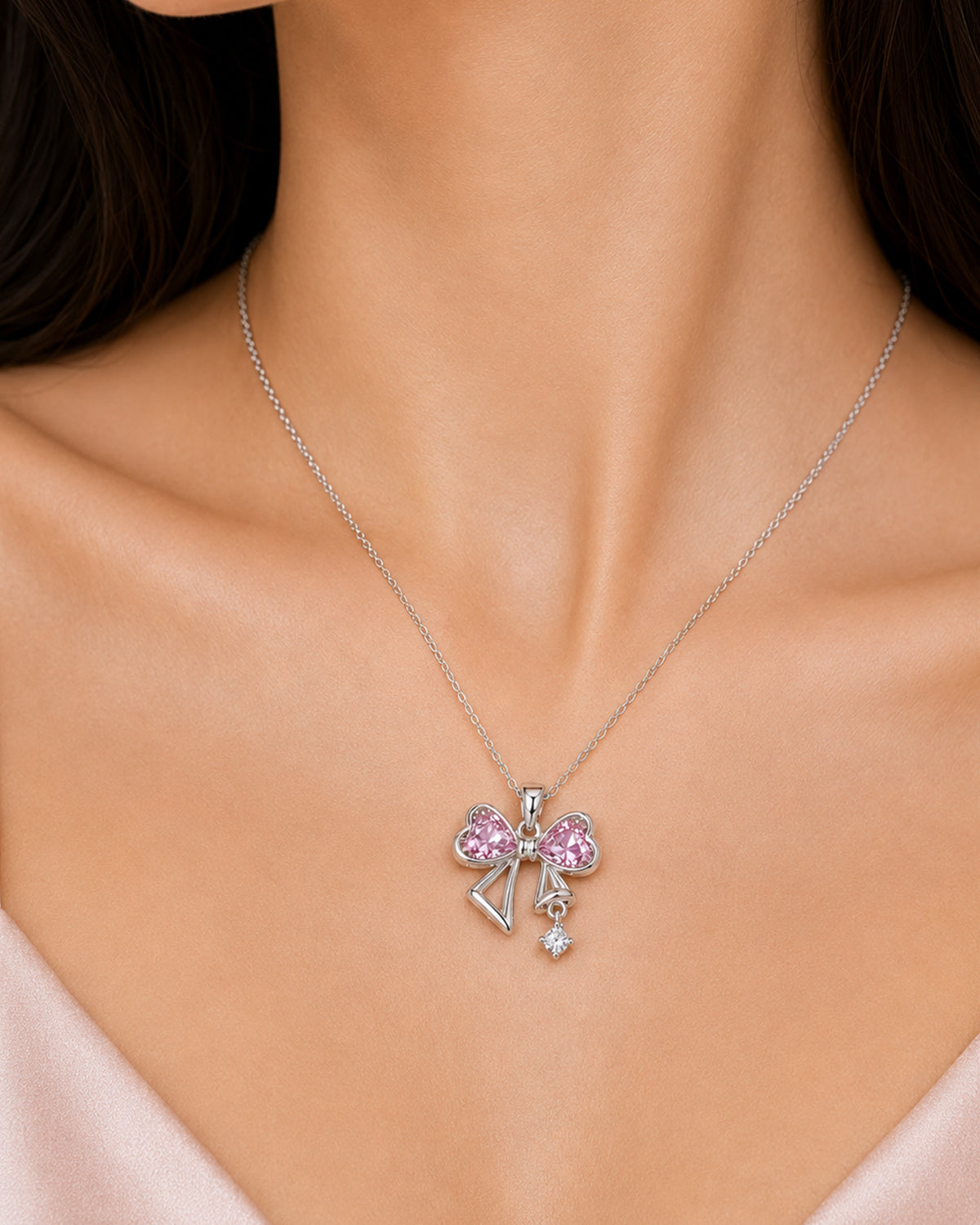 Pink Heart Bow Pendant Necklace – Silver Finish