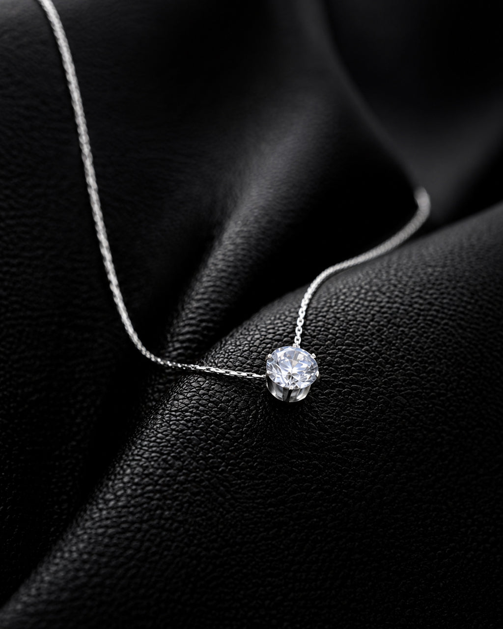 Classic Round Solitaire Crystal Necklace – White Gold Finish