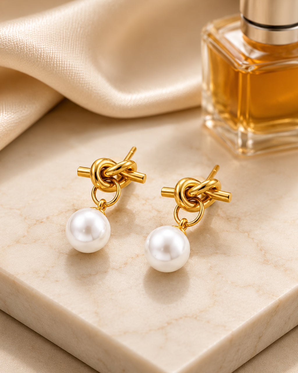 Gold Knot Pearl Drop Stud Earrings
