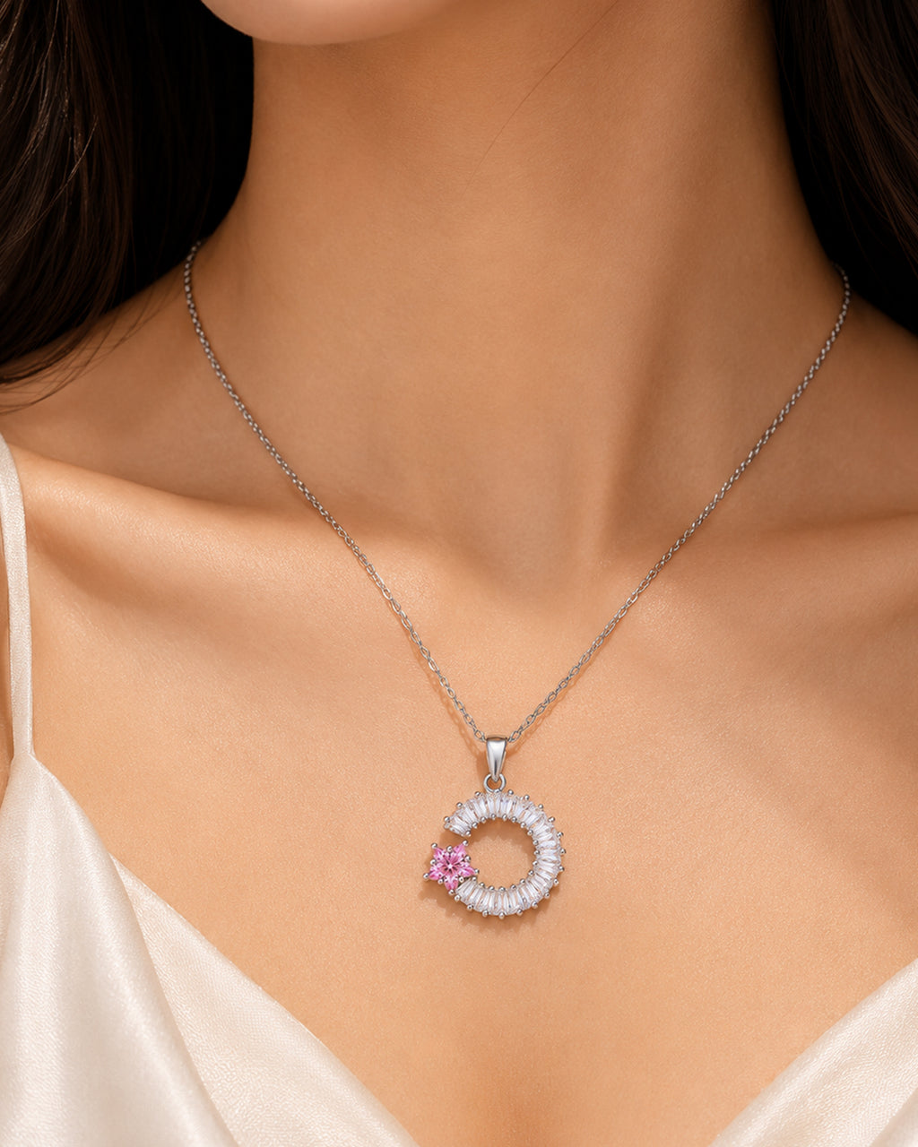 Pink Floral Halo Circle Pendant Necklace – Silver Finish