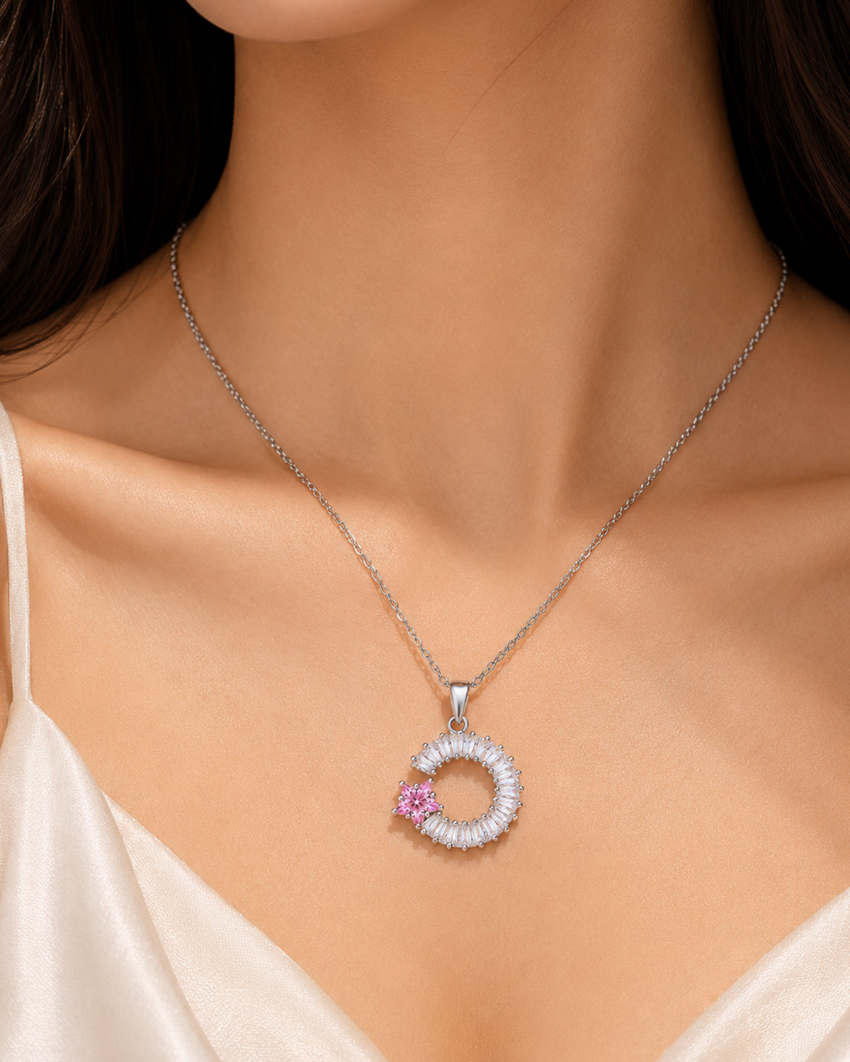 Pink Floral Halo Circle Pendant Necklace – Silver Finish