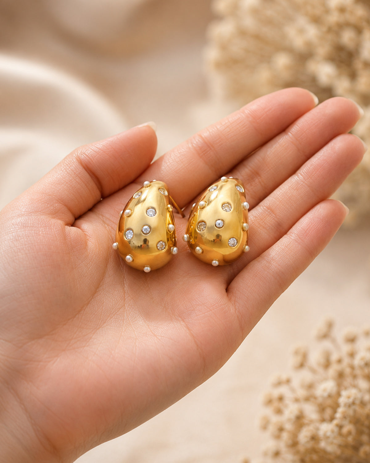 Pearl & Crystal Gold Teardrop Stud Earrings