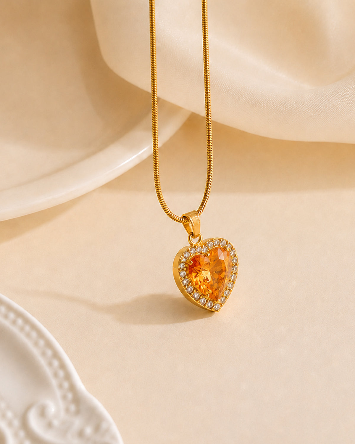 Heart Halo Pendant Necklace with Amber Centre Stone